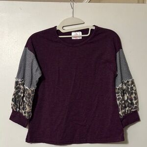 Kids' Purple Long Sleeve Shirt with Striped and Leopard Sleeves
